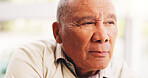 Thinking, senior man and relax in home with vision, daydreaming and remember memory. Thoughts, elderly person and morning with reflection, emotional expression and nostalgia for retirement loneliness