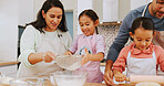 Happy, family and baking with children in kitchen, growth and learning culinary skills with parents. Teaching, kids and help with dessert preparation, development and people with ingredients in house