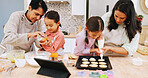 Family, ingredients and baking with children in kitchen, growth or learn culinary skills with tablet. Helping, grandma and mom with tech for dessert preparation, kids and teaching recipe in house