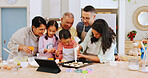 Teaching, children and baking with family in kitchen, growth or learning culinary skills with tablet. Happy, grandparents and people with tech for dessert preparation, kids and recipe in house
