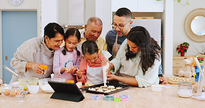 Buy stock photo Teaching, children and baking with family in kitchen, growth or learning culinary skills with tablet. Happy, grandparents and people with tech for dessert preparation, kids and recipe in house