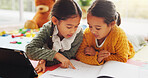 Book, tablet and learning with children in home for math assessment, studying or digital lesson. Online course, education app and student project with kids on floor of house for research and growth