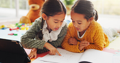 Buy stock photo Book, tablet and learning with children in home for math assessment, studying or digital lesson. Online course, education app and student project with kids on floor of house for research and growth
