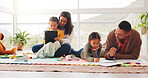 Parents, child and writing with notebook in home for education, studying and maths homework. Family, help and kid with stationery for learning support, academic literacy and numeracy skills in lounge