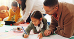 Father, child and writing with notebook in home for education, studying and maths homework. Family, help and kid with stationery for learning support, academic literacy and numeracy skills in lounge
