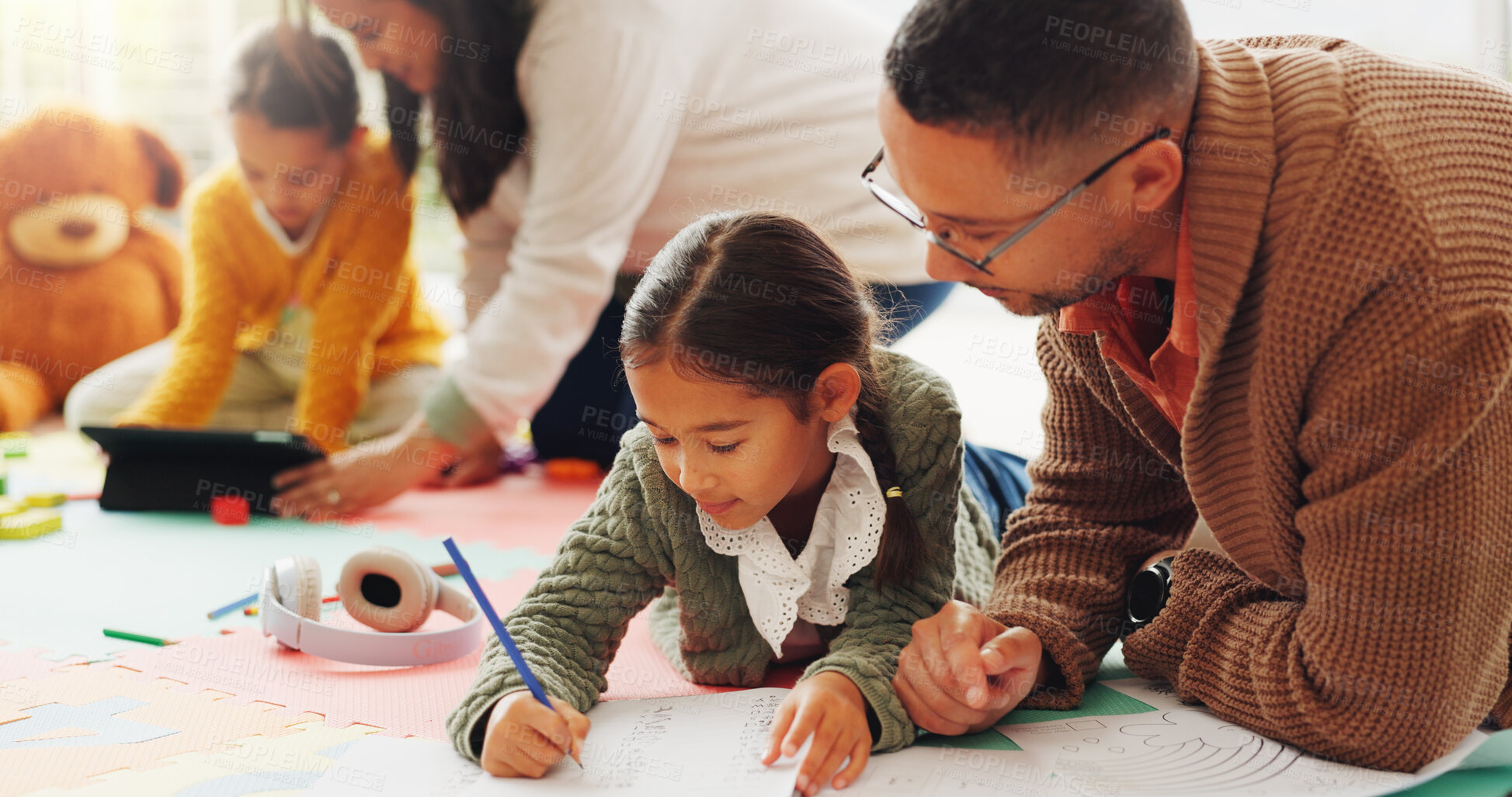 Buy stock photo Father, child and writing with notebook in home for education, studying and maths homework. Family, help and kid with stationery for learning support, academic literacy and numeracy skills in lounge
