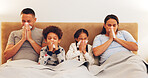 Sick, tissue and parents with children in bed with viral infection, allergies and cold together. Home, family and bedroom with mom, dad and kids blowing nose for virus,  sinusitis and bacteria