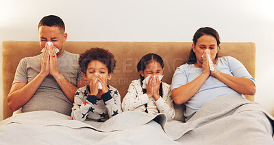Buy stock photo Sick, tissue and parents with children in bed with viral infection, allergies and cold together. Home, family and bedroom with mom, dad and kids blowing nose for virus,  sinusitis and bacteria