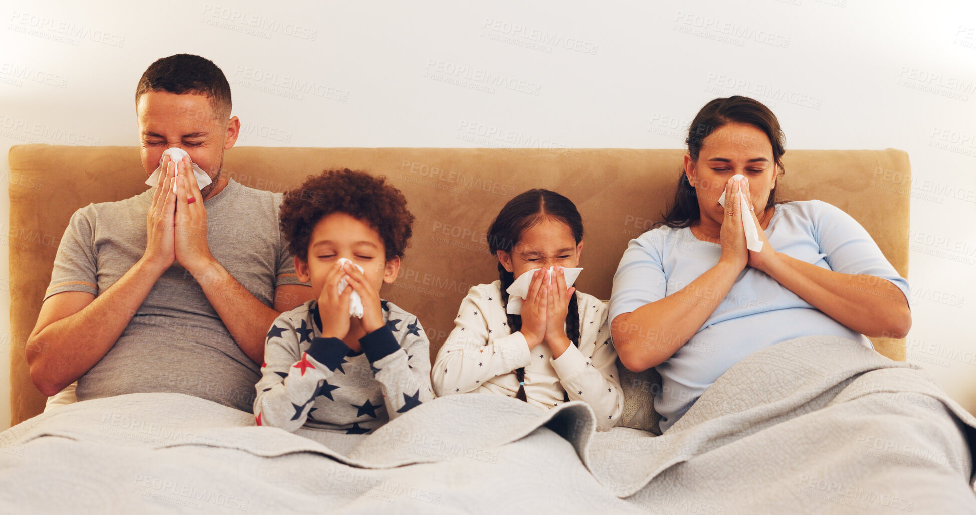 Buy stock photo Sick, tissue and parents with children in bed with viral infection, allergies and cold together. Home, family and bedroom with mom, dad and kids blowing nose for virus,  sinusitis and bacteria