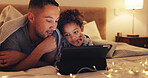 Tablet, relax and father with child on bed in home with watching movie, film or series on app on weekend. Happy, digital technology and dad with kid streaming show online in bedroom at house.
