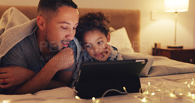 Buy stock photo Tablet, relax and father with child on bed in home with watching movie, film or series on app on weekend. Happy, digital technology and dad with kid streaming show online in bedroom at house.