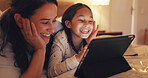 Tablet, relax and mother with child on bed in home at night with watching movie, film or series on app. Happy, digital technology and mom with girl for kid streaming show online in bedroom at house.