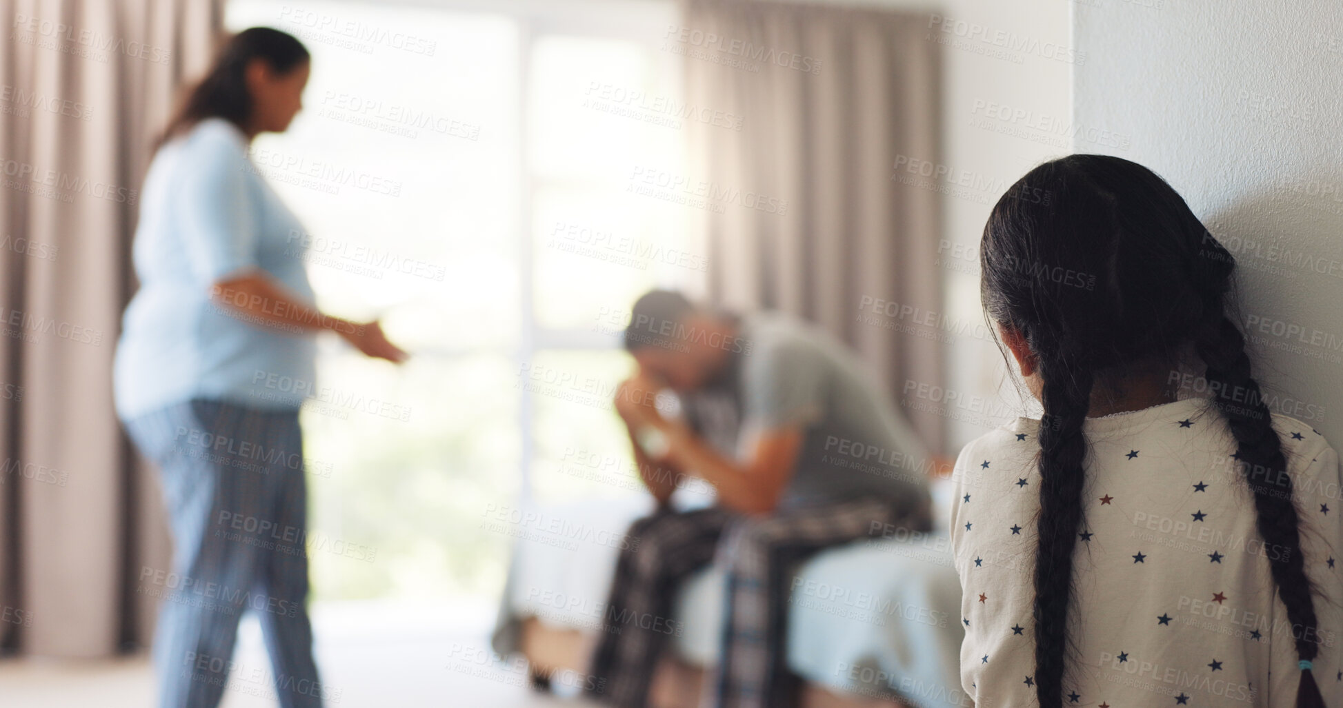 Buy stock photo Argument, child and couple in bedroom at house with marriage problem, cheating or infidelity. Upset, disagreement and girl kid watching parents fighting for divorce, breakup or conflict in home.