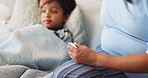 Sick, thermometer and mom with child in bed to check symptoms for cold, fever and infection. Family, temperature and mother with kid for care, concern and worry with illness, disease or virus in home
