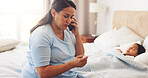 Phone call, thermometer and mom with sick child in bed for cold, fever and online consulting. Family, telehealth and mother with kid with high temperature for illness, disease and virus in home