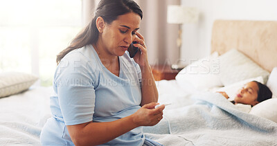 Buy stock photo Phone call, thermometer and mom with sick child in bed for cold, fever and online consulting. Family, telehealth and mother with kid with high temperature for illness, disease and virus in home