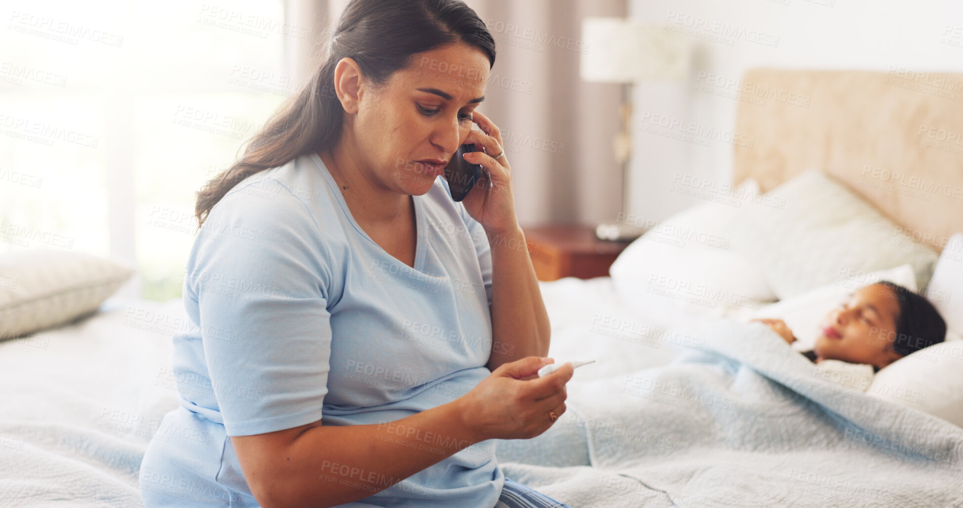 Buy stock photo Phone call, thermometer and mom with sick child in bed for cold, fever and online consulting. Family, telehealth and mother with kid with high temperature for illness, disease and virus in home