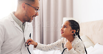 Buy stock photo Playful, stethoscope and doctor with child in bed to check for diagnosis, chest infection and consulting. Happy, pediatrician and person with girl listening for virus, illness and health in home
