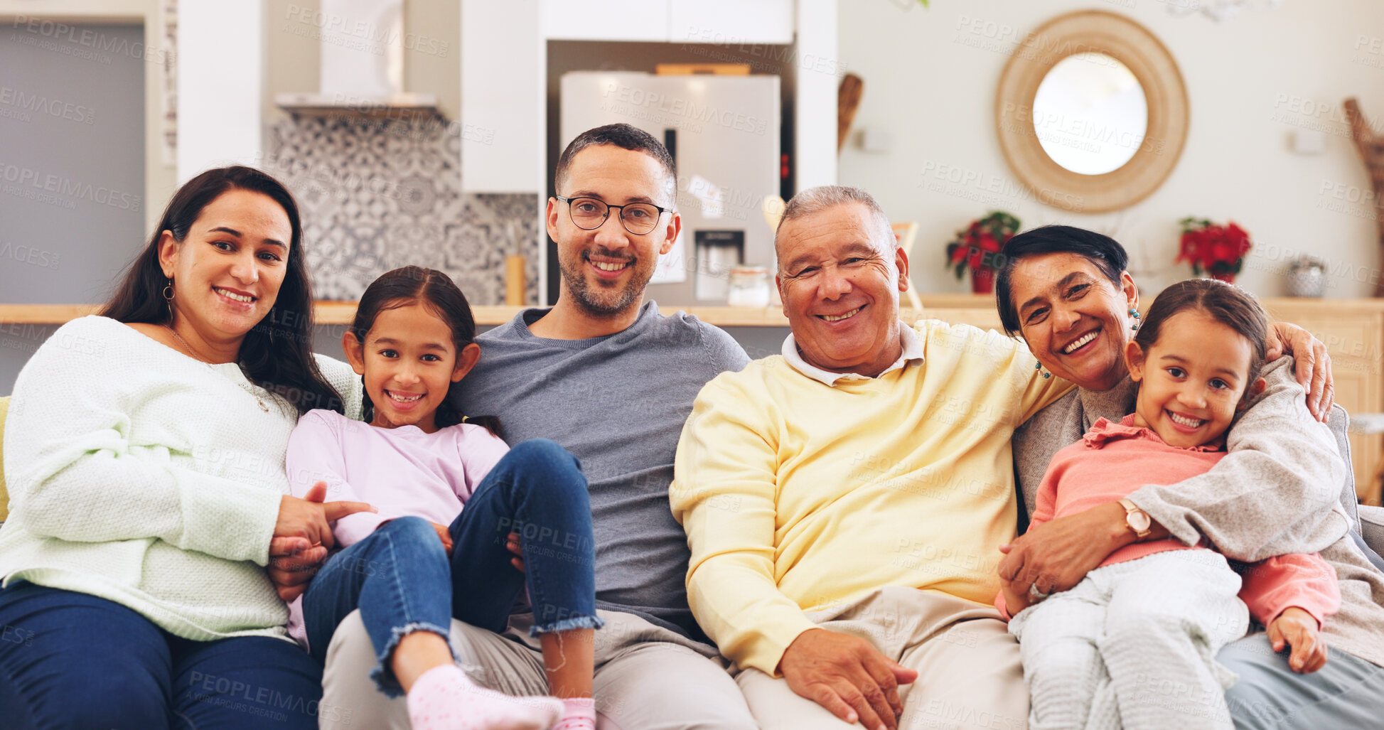 Buy stock photo Happy, relax and portrait of big family on sofa in home with bonding, connection or love on weekend. Smile, care and children with grandparents and parents on couch in living room together in house.