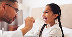 Sick, mouth and doctor with child in home to check for diagnosis, viral infection and disease. Bedroom, pediatrician and man with girl with checkup for virus, illness and health in house appointment