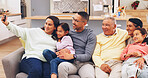Selfie, happy and big family on sofa in home for bonding, relax and connection together on weekend. Smile, love and children with grandparents and parents for photography picture in living room.