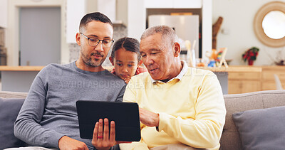 Buy stock photo Tablet, relax and man with senior father on sofa in home for learning texting, social media or contact. Digital technology, child and male person with elderly dad for teaching on app in living room