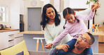 Parents, smile and airplane for child in home, family and play with daughter on weekend and bonding. Happy people, together and fun with girl on break, mom and game with kid or love in living room