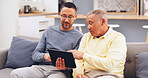 Tablet, happy and man with senior father on sofa in home for learning texting, social media or contact. Digital technology, bonding and male person with elderly dad for teaching on app in living room