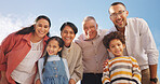 Happy, portrait and grandparents with kids outdoor for bonding, love and connection on holiday. Family, low angle and children with mom, dad and senior generation for relationship, relax and trust
