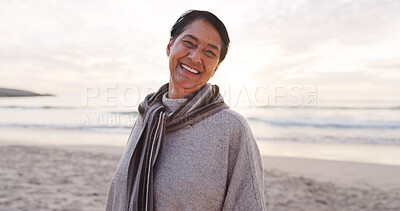 Buy stock photo Travel, portrait and happy woman on vacation at beach, mockup space and adventure getaway in nature. Outdoor, mature person and smile on holiday break, relax and confident on coastal trip in Mexico