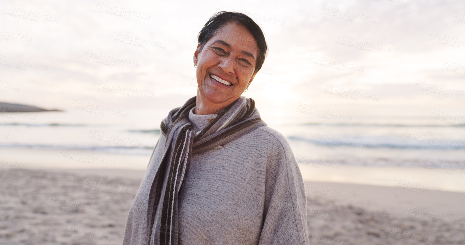 Buy stock photo Travel, portrait and happy woman on vacation at beach, mockup space and adventure getaway in nature. Outdoor, mature person and smile on holiday break, relax and confident on coastal trip in Mexico