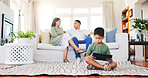 Family, tablet and relax with child in home for discussion, streaming service and education app. Online learning website, support and study game with kid and parents in living room of apartment