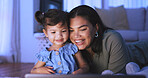 Night, tablet and mom with child on floor for internet, online streaming and connection on weekend. Family, happy and mother with girl on digital tech for website, watching videos or bonding together