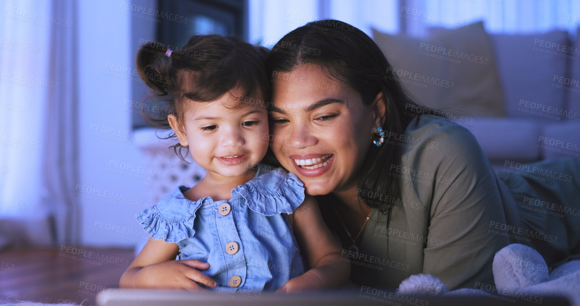 Buy stock photo Night, tablet and mom with child on floor for internet, online streaming and connection on weekend. Family, happy and mother with girl on digital tech for website, watching videos or bonding together