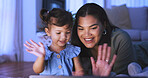Night, tablet and mom with child on video call for internet, online conversation and connection on weekend. Family, happy and mother with girl on digital tech for talking, wave and bonding together