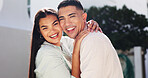 Portrait, couple and hug with smile, outdoor and romance with partner on special day and commitment. Happy people, embrace and celebration for marriage anniversary, home and affection on weekend