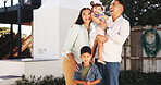 Smile, love and laugh with portrait of family outdoor for bonding, support or connection together. Funny, happiness and relax with parents and children in backyard of home for weekend break and trust