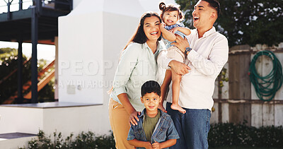 Buy stock photo Smile, love and laugh with portrait of family outdoor for bonding, support or connection together. Funny, happiness and relax with parents and children in backyard of home for weekend break and trust