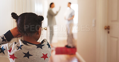 Buy stock photo Divorce, fight and back of child in family home for conflict,  disagreement and custody battle. Relationship crisis, frustrated and anger with kid watching parents in hallway of house for break up