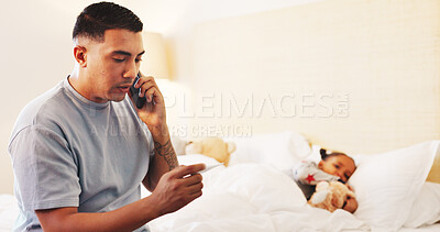 Buy stock photo Sick, child and dad with thermometer, phone call and listening to medical advice for girl with fever. Worried, father and man with mobile for discussion, telehealth or monitoring flu symptoms in home