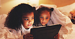 Search, tablet and watching movie with children in bedroom for streaming service, film and night. Series subscription, late entertainment and weekend break with kids or sisters in bed of family home
