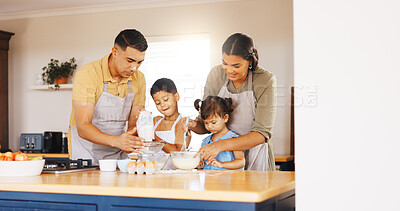 Buy stock photo Baking, help and learning with family in kitchen in home for support, cookies and bonding together. Cooking, dessert and teaching with parents and children in house for guidance, care and recipe