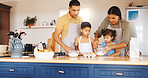 Baking, mixing and learning with family in kitchen in home for support, cookies and bonding together. Cooking, dessert and teaching with parents and children in house for guidance, care and recipe