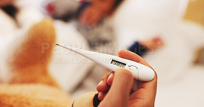 Buy stock photo Hand, sick and thermometer with child in bedroom for worry, temperature spike and help. Medical, support and illness with parent and kid in family home for infection, disease and influenza virus