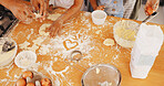 Baking, hands and heart with family in kitchen in home for support, cookies and bonding together. Flour, dessert and teaching with parent and child in house for guidance, kneading and recipe