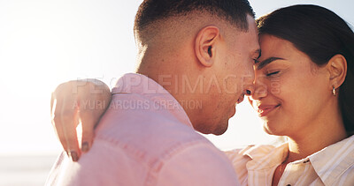 Buy stock photo Hug, love and travel with couple at beach for connection, romance and anniversary getaway. Marriage commitment, summer vacation and trust with man and woman outdoor for support, care and partner