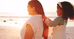 Playing, hair and mom with child at beach for bonding on vacation, holiday and summer morning. Sunrise, travel and girl with hairstyle for mother by sea for relationship, connection and love outdoor