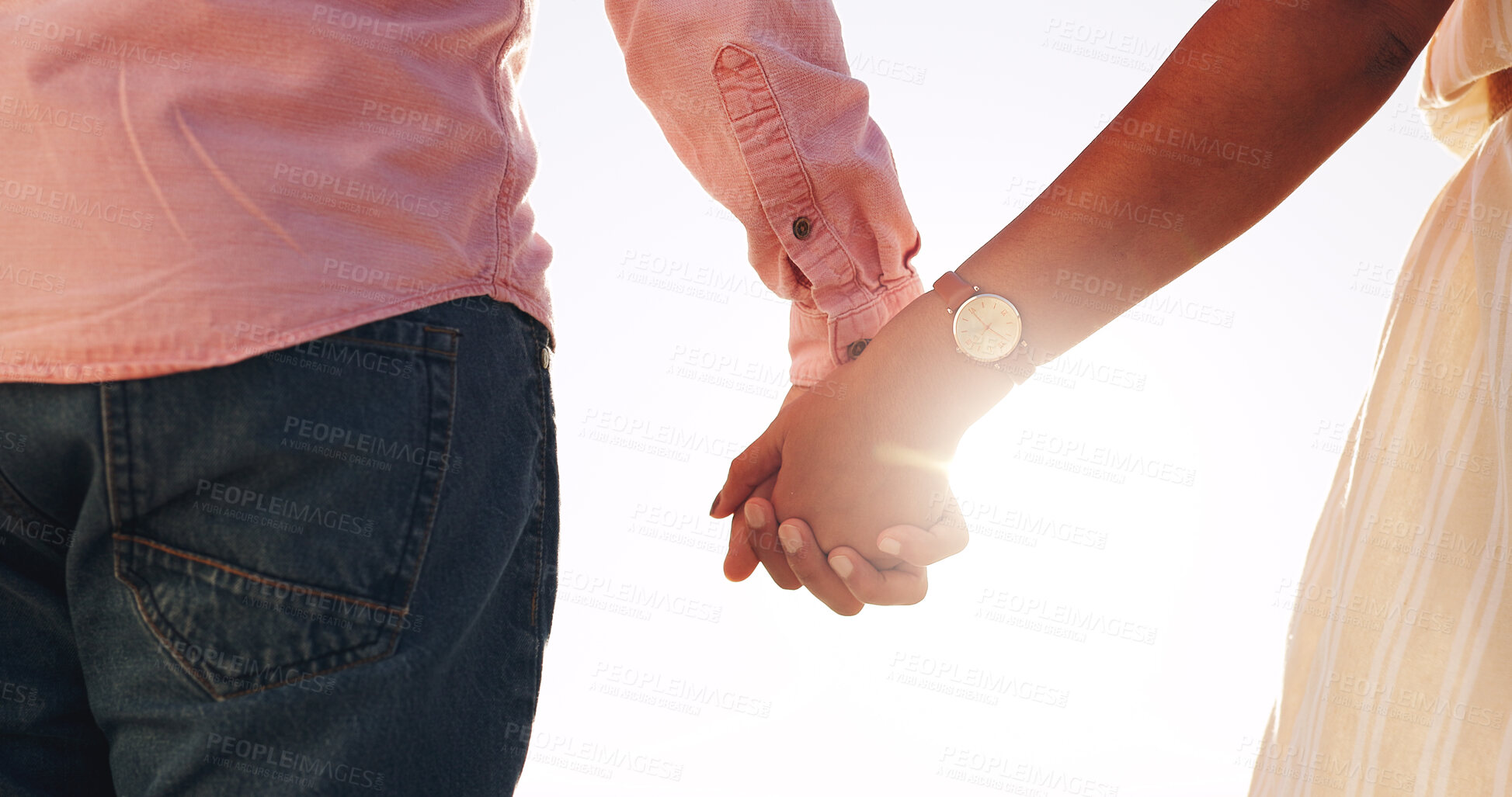 Buy stock photo Holding hands, love and travel with couple outdoor for connection, romance and anniversary getaway. Marriage commitment, summer vacation and trust with man and woman for support, care and partner