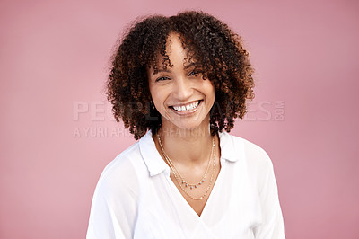 Buy stock photo Confident, portrait and businesswoman with smile, creative and publicist with PR career development. Studio background, press secretary and happy person with job opportunity, space or pride in Brazil