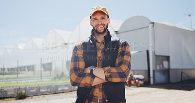 Buy stock photo Arms crossed, farmer and man with portrait for agriculture, sustainability and stock manager. Greenhouse, confident and cultivator with agro business for crops, about us or hydroponics produce